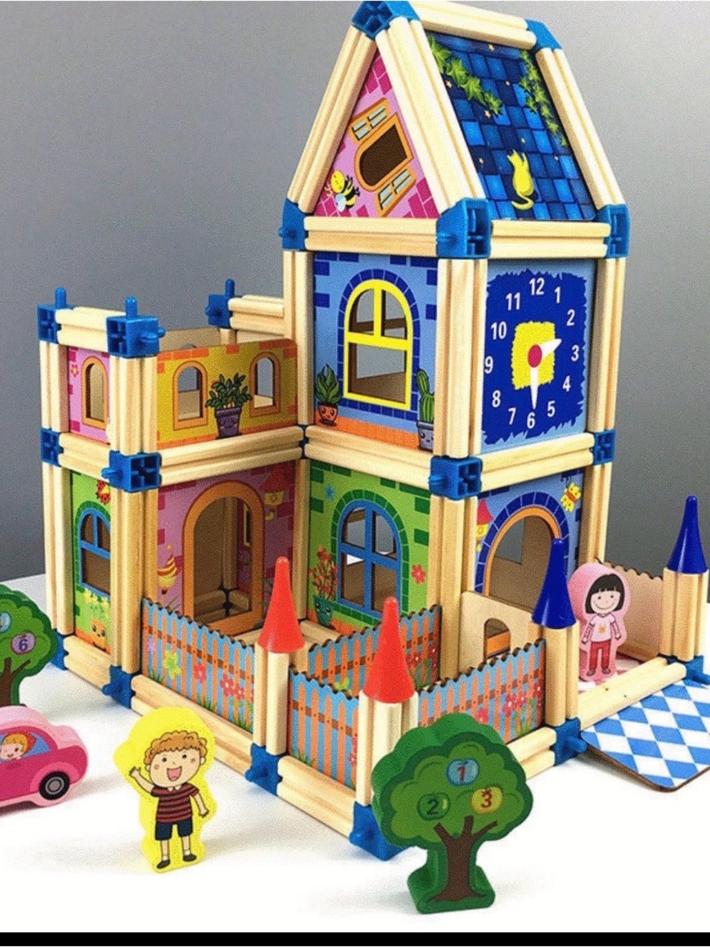 Colorful Wooden Magnetic Building House Toy for Kids - Blue/Pink/Green